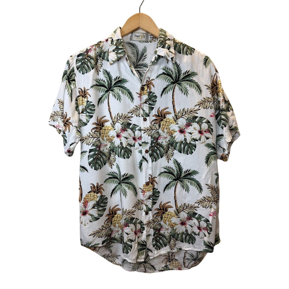 Theros Greece Button Down Shirt Mens Medium White Tropical Palm Hibiscus Aloha